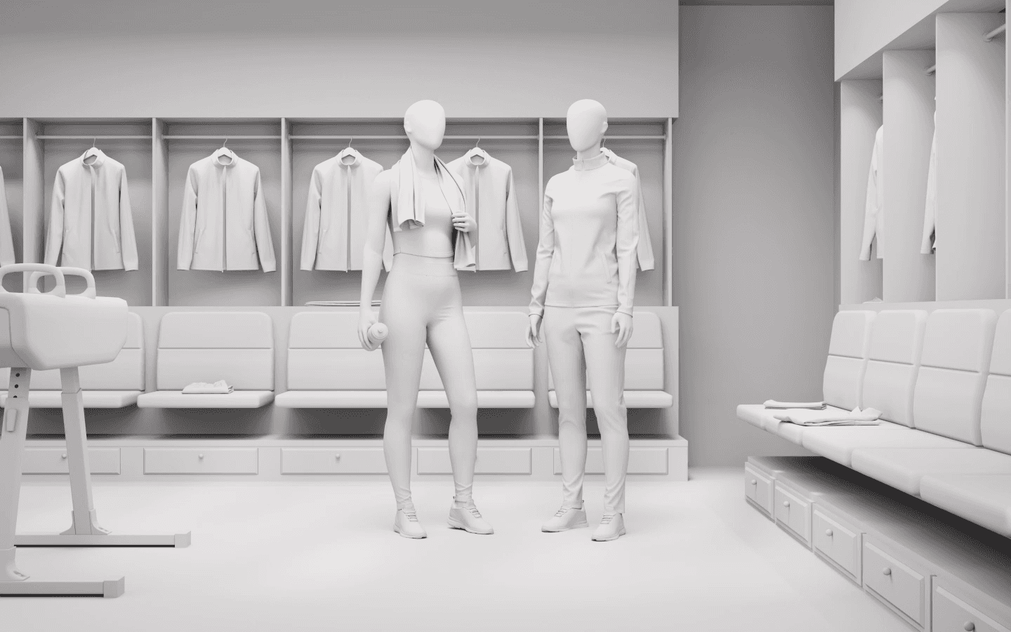 Fitnessstudio-Mitarbeiter in individueller Markenkleidung, entworfen mit dem 3D-Konfigurator von Hutter Products